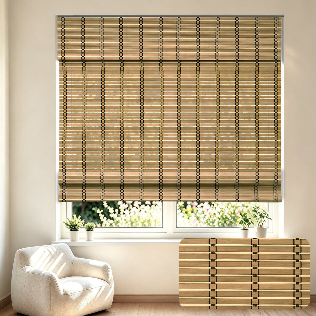 Changshade Cordless Bamboo Roman Shades Roll Up Design & Free-Stop