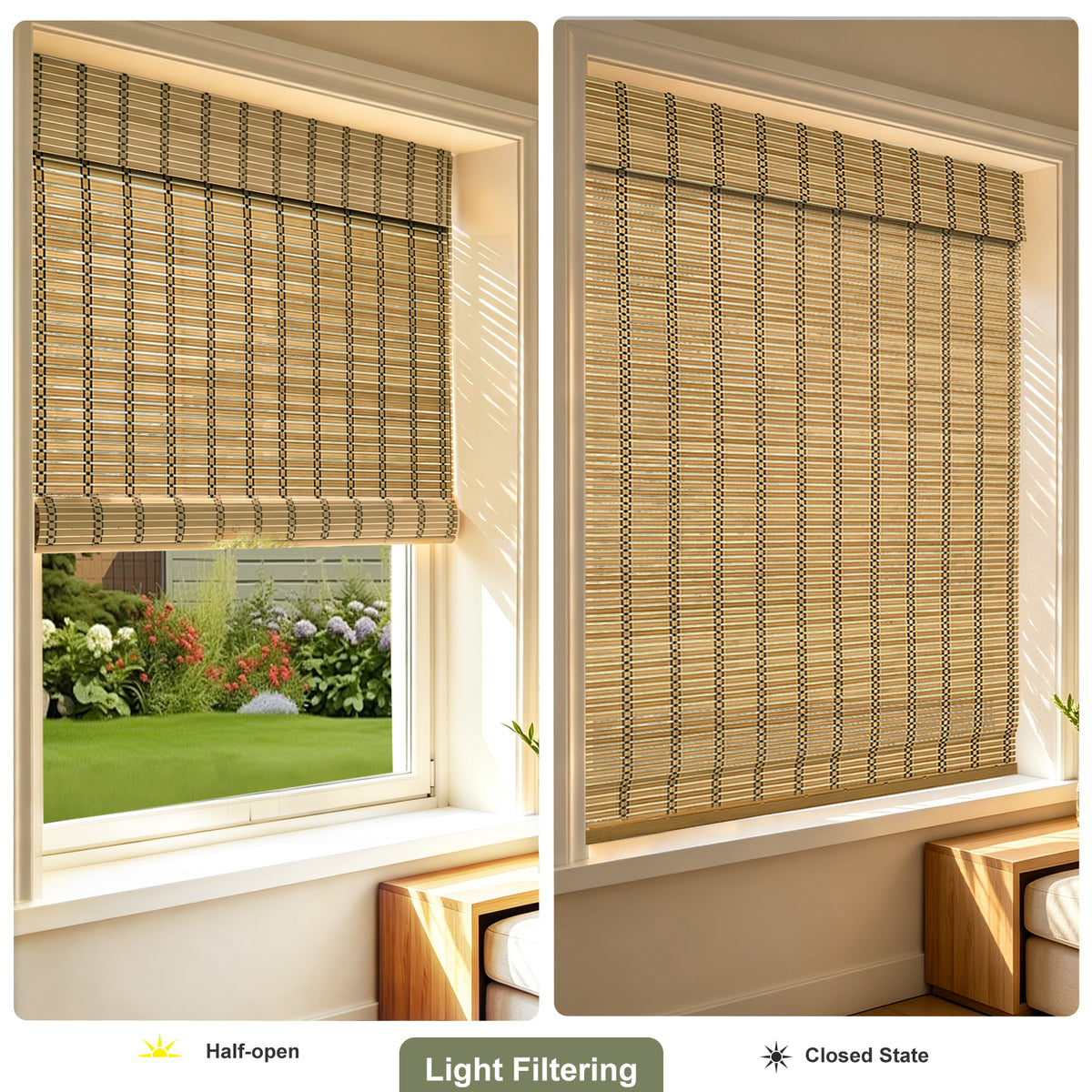 Changshade Cordless Bamboo Roman Shades Roll Up Design & Free-Stop