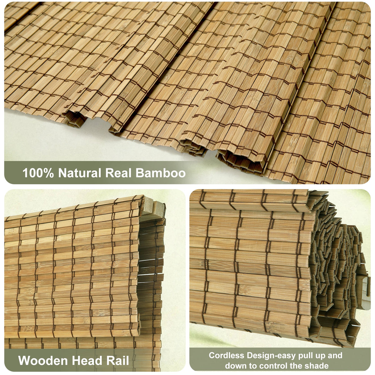 Changshade Cordless Bamboo Roman Shades Roll Up Design & Free-Stop