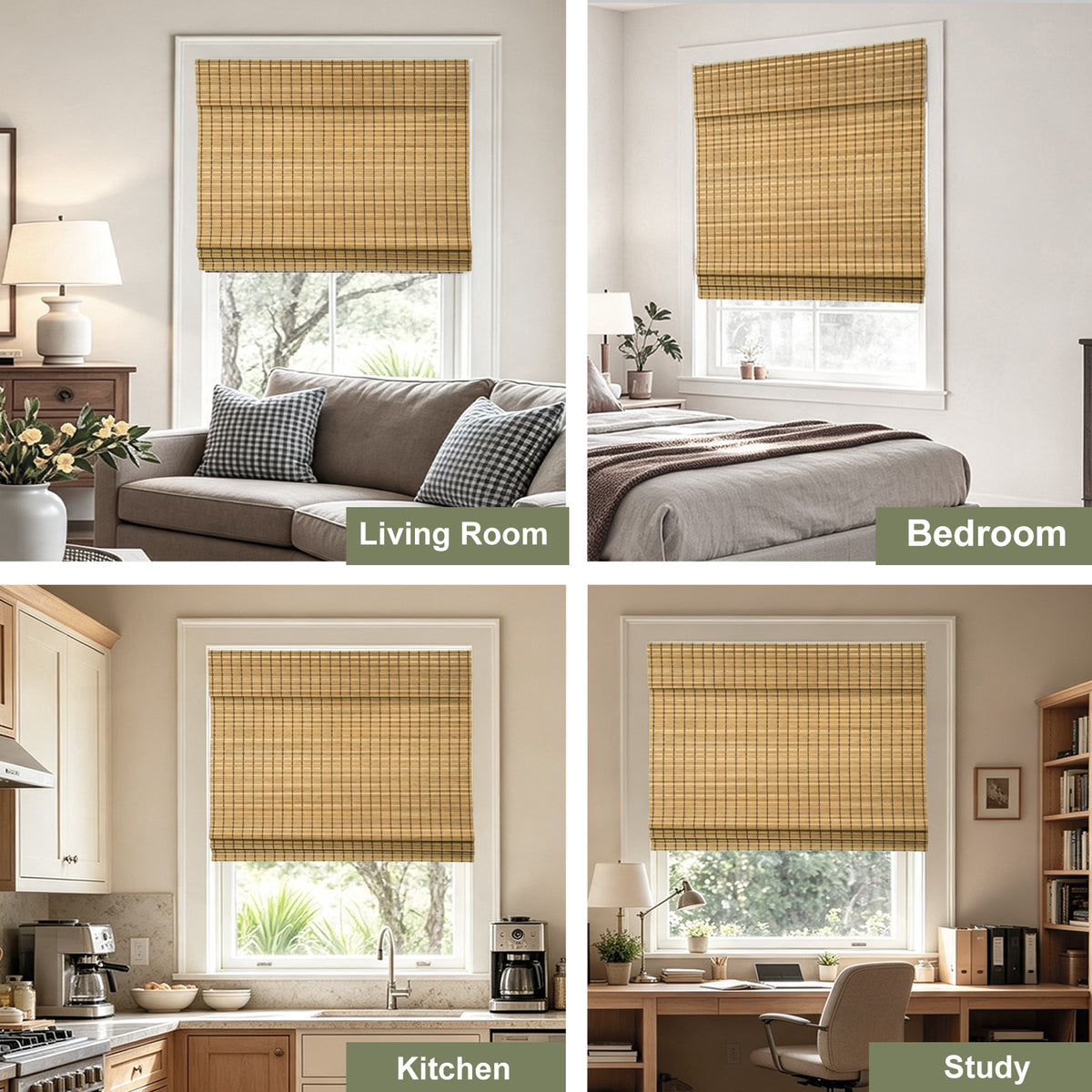 Changshade Cordless Bamboo Roman Shades Roll Up Design & Free-Stop