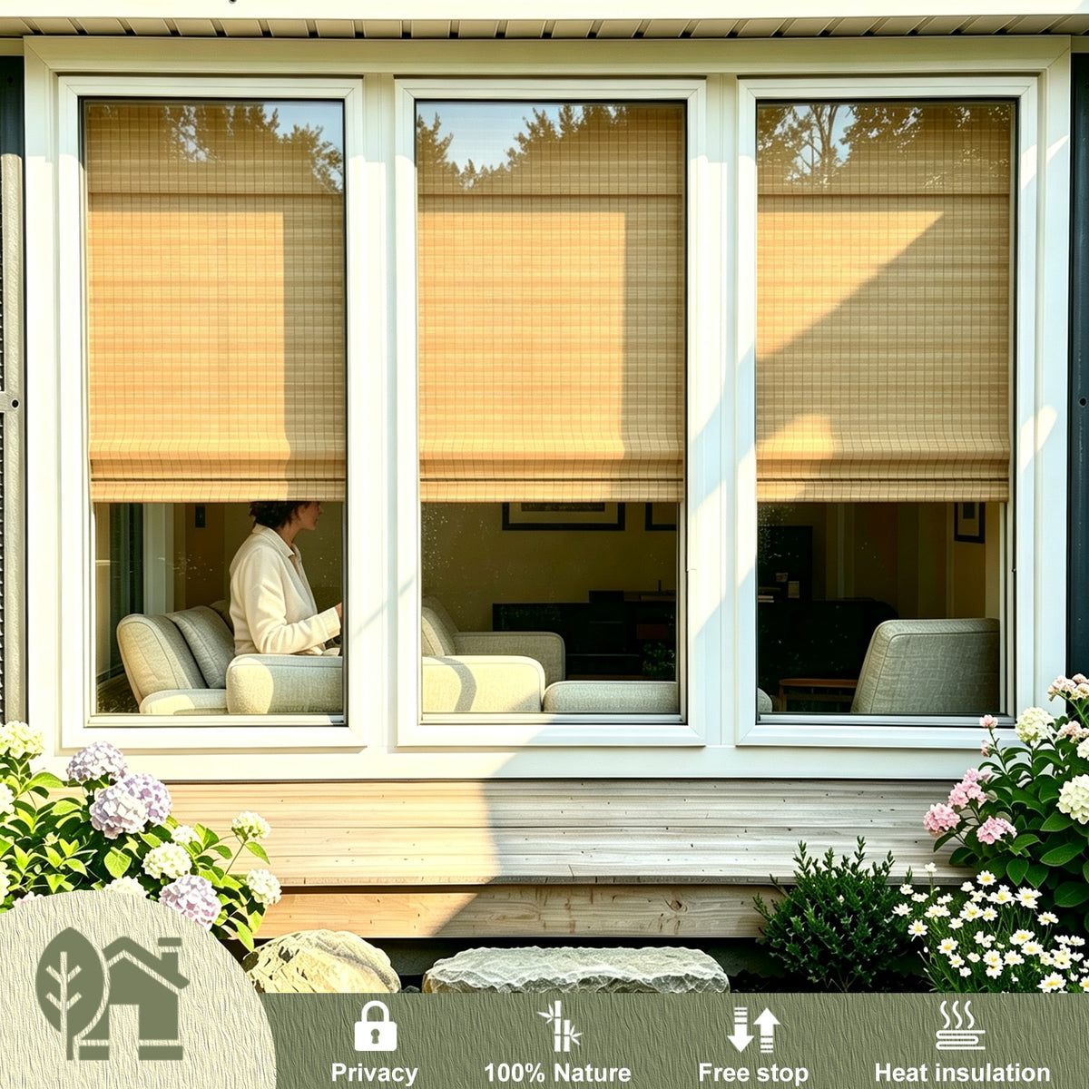 Changshade Cordless Bamboo Roman Shades Roll Up Design & Free-Stop