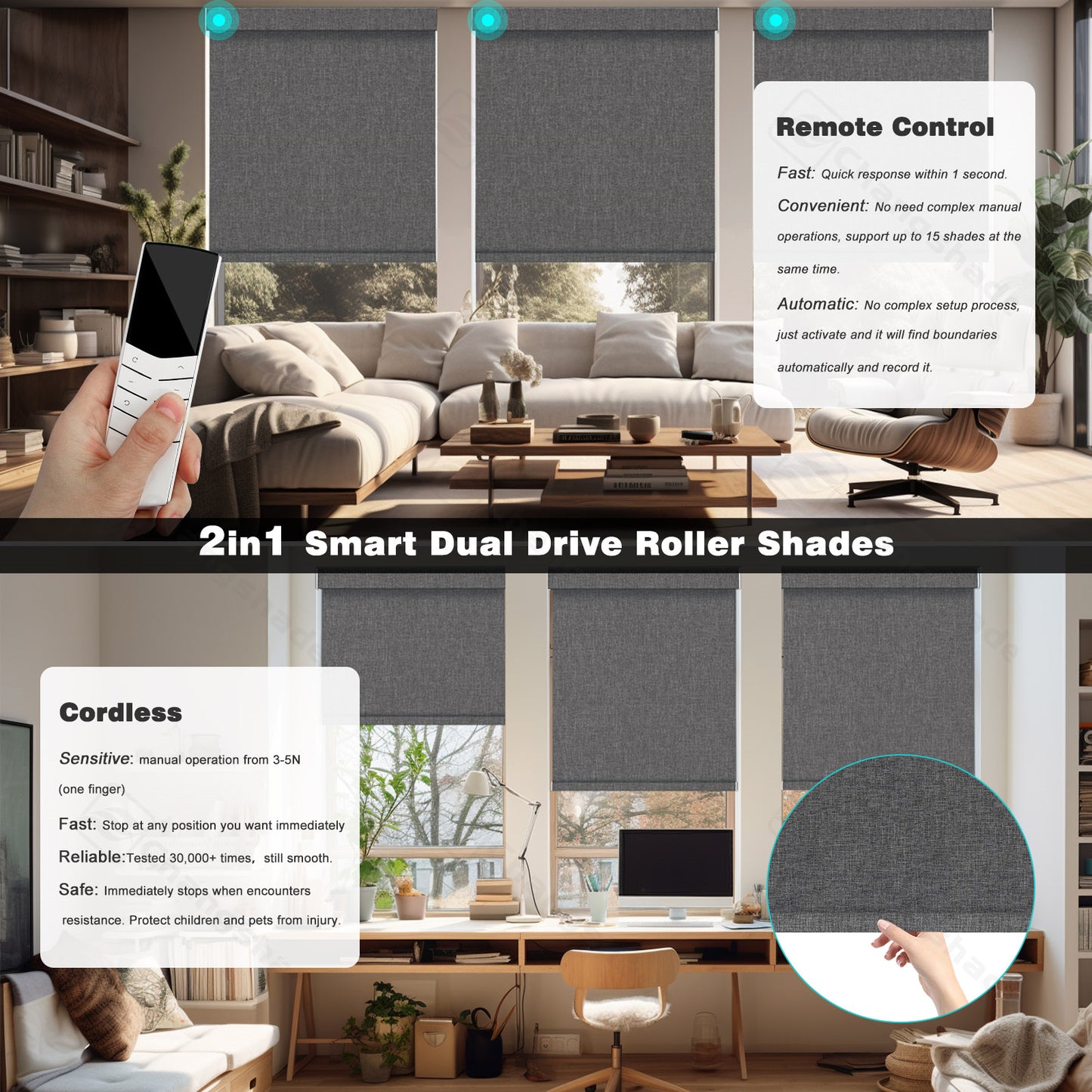 Changshade OMEGA1.0 Custom Smart Blinds with Manual Motorized Blinds with Remote Control, Automatic Window Blinds for Home