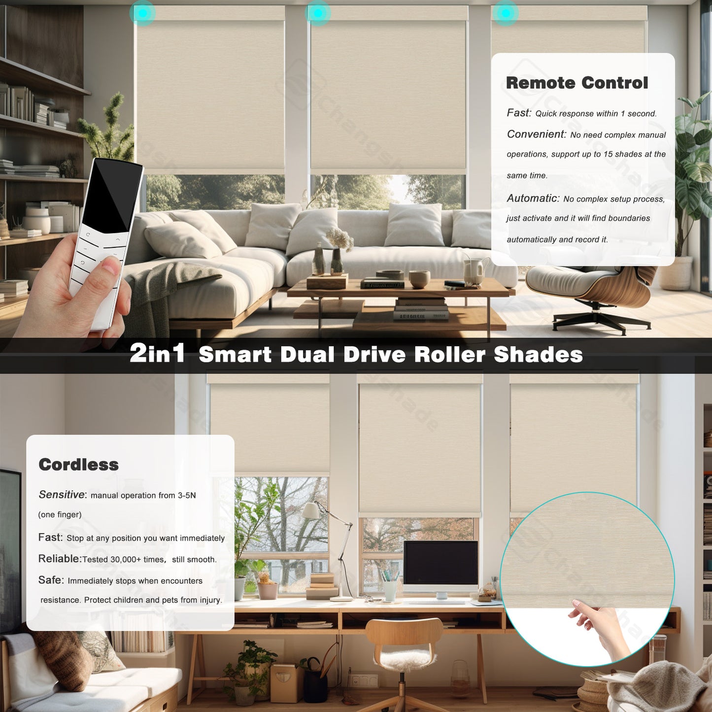 Changshade OMEGA1.0 Custom Smart Blinds with Manual Motorized Blinds with Remote Control, Automatic Window Blinds for Home