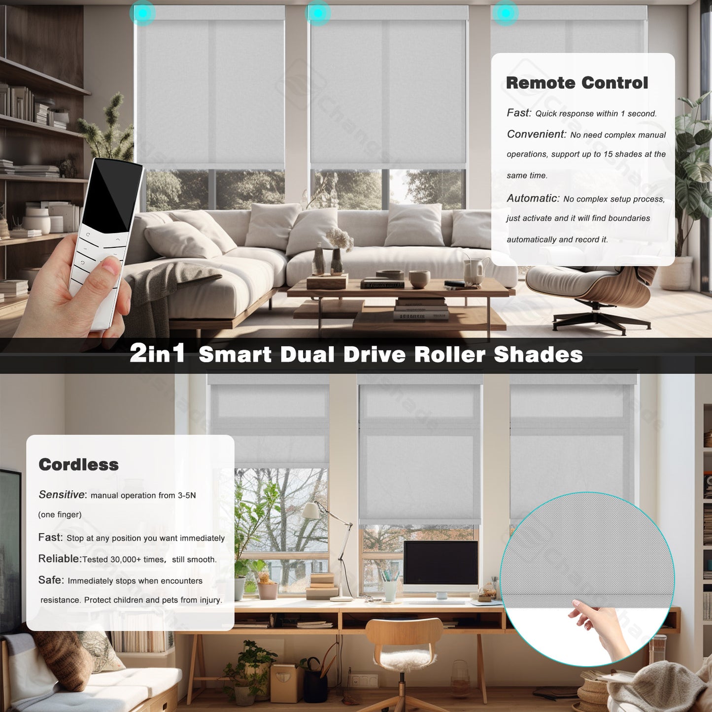 Changshade OMEGA1.0 Custom Smart Blinds with Manual Motorized Blinds with Remote Control, Automatic Window Blinds for Home