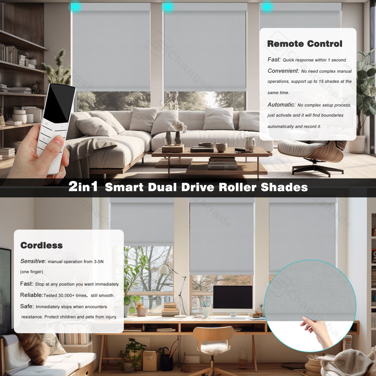 Changshade OMEGA1.0 Custom Smart Blinds with Manual Motorized Blinds with Remote Control, Automatic Window Blinds for Home