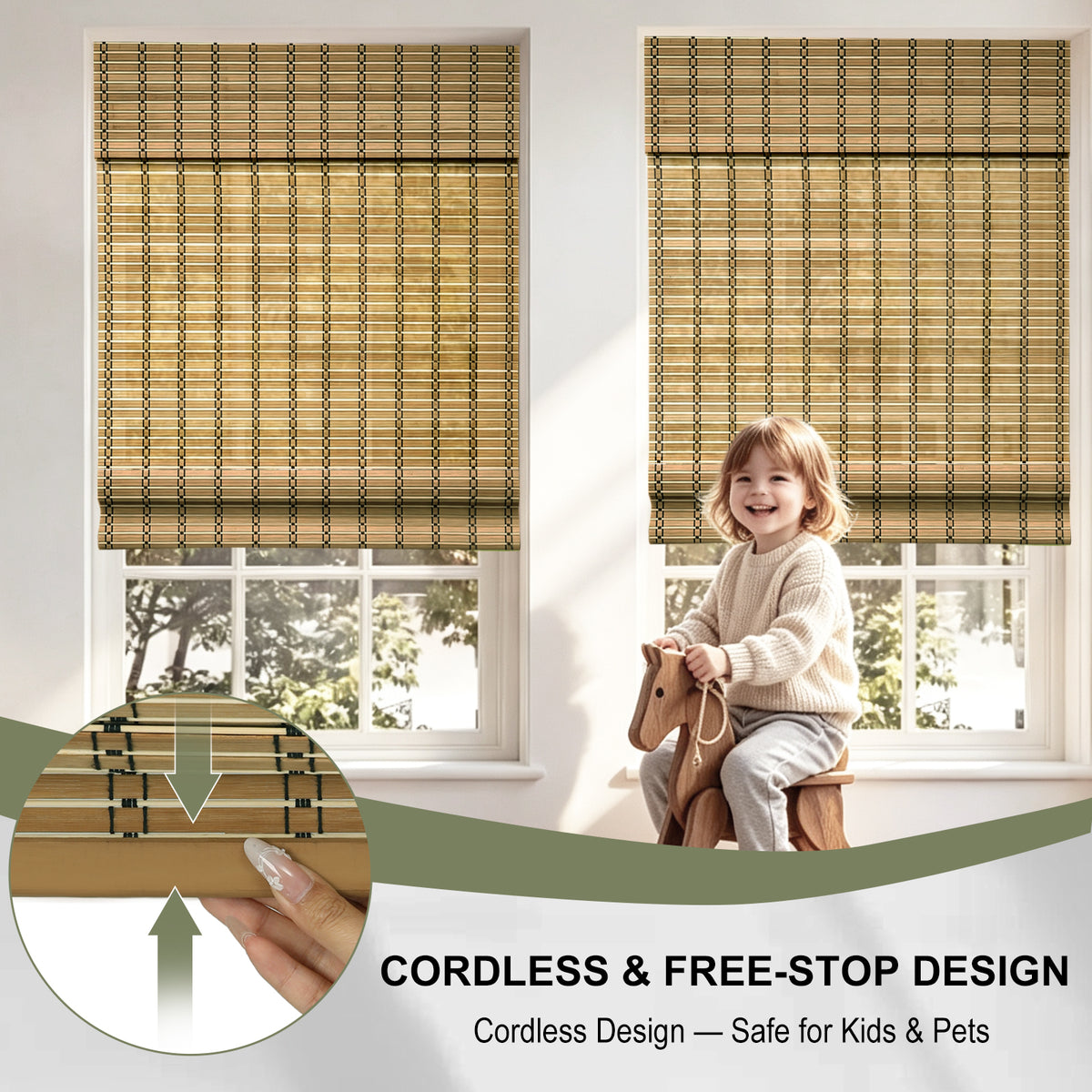 Changshade Cordless Bamboo Roman Shades Roll Up Design & Free-Stop