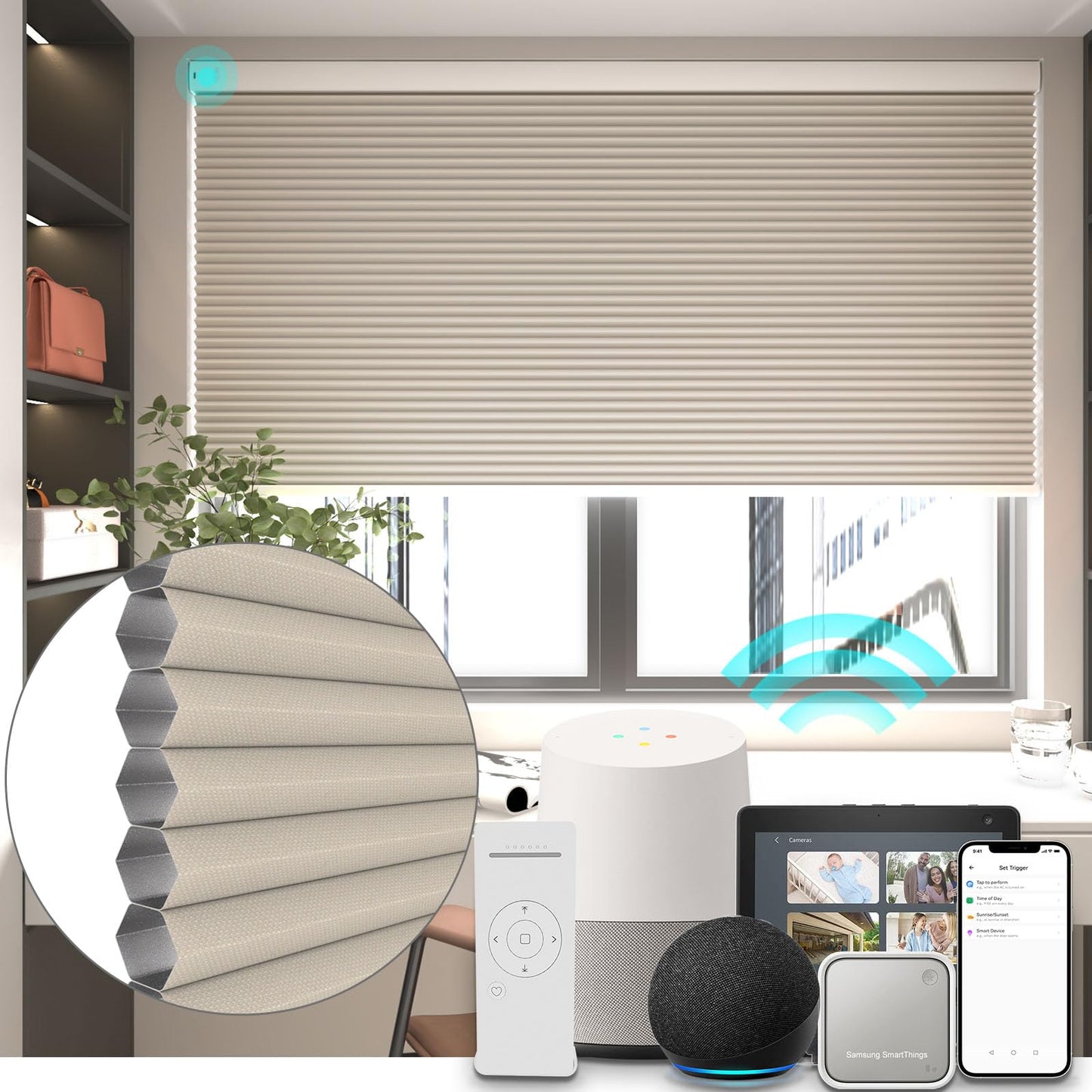 Changshade Smart 1.5 Inch Motorized Blackout Cellular blinds for Window