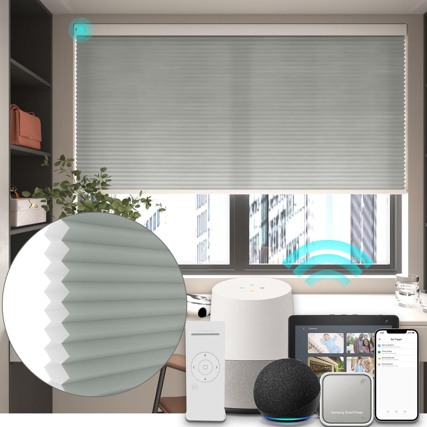 Changshade Smart 1.5 Inch Motorized Light Filtering Cellular blinds for Window