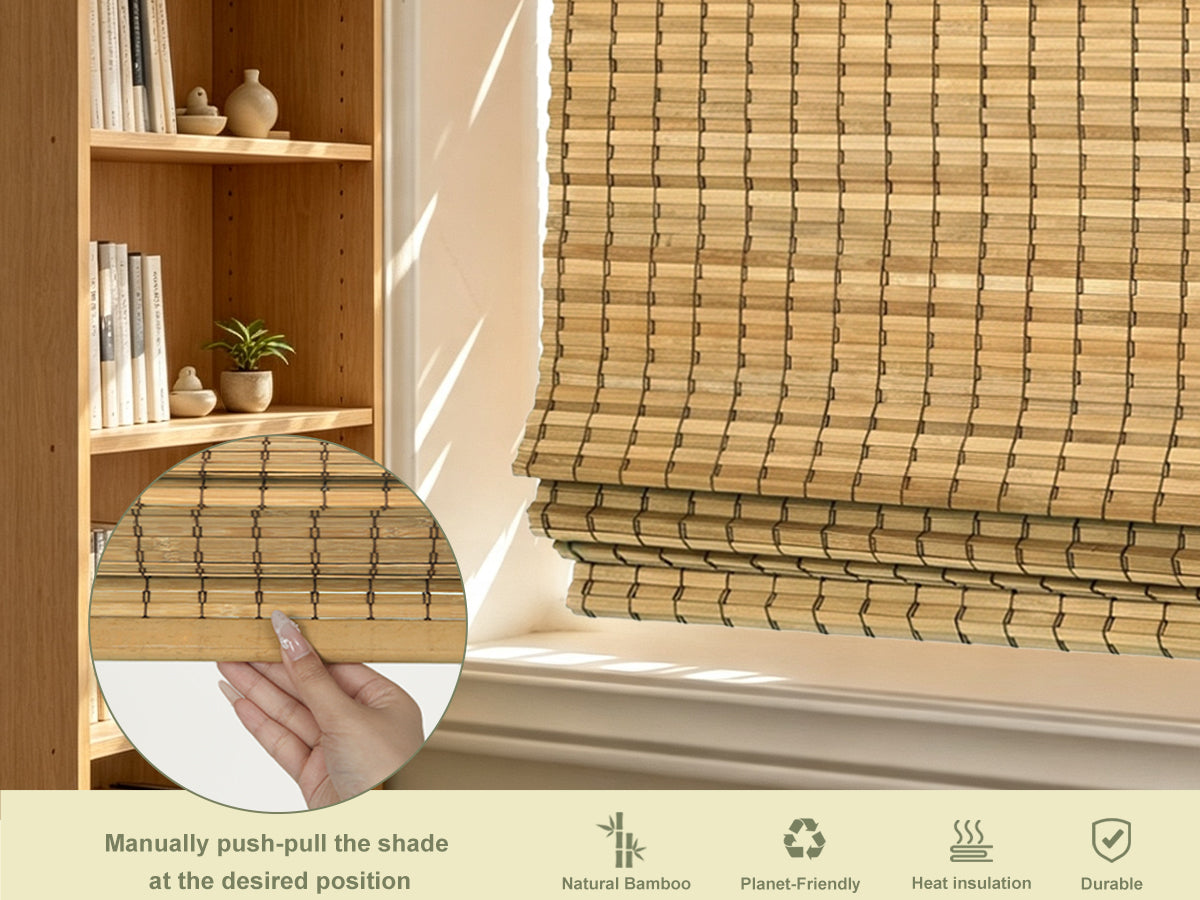 Changshade Cordless Bamboo Roman Shades Roll Up Design & Free-Stop